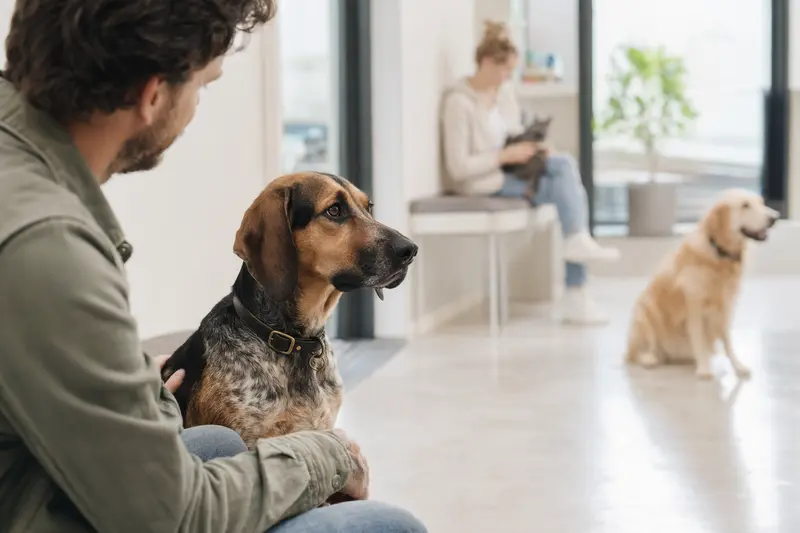 Ein Pannonischer Spürhund sitzt ruhig neben seinem Besitzer im hellen Wartezimmer einer modernen Tierarztpraxis.